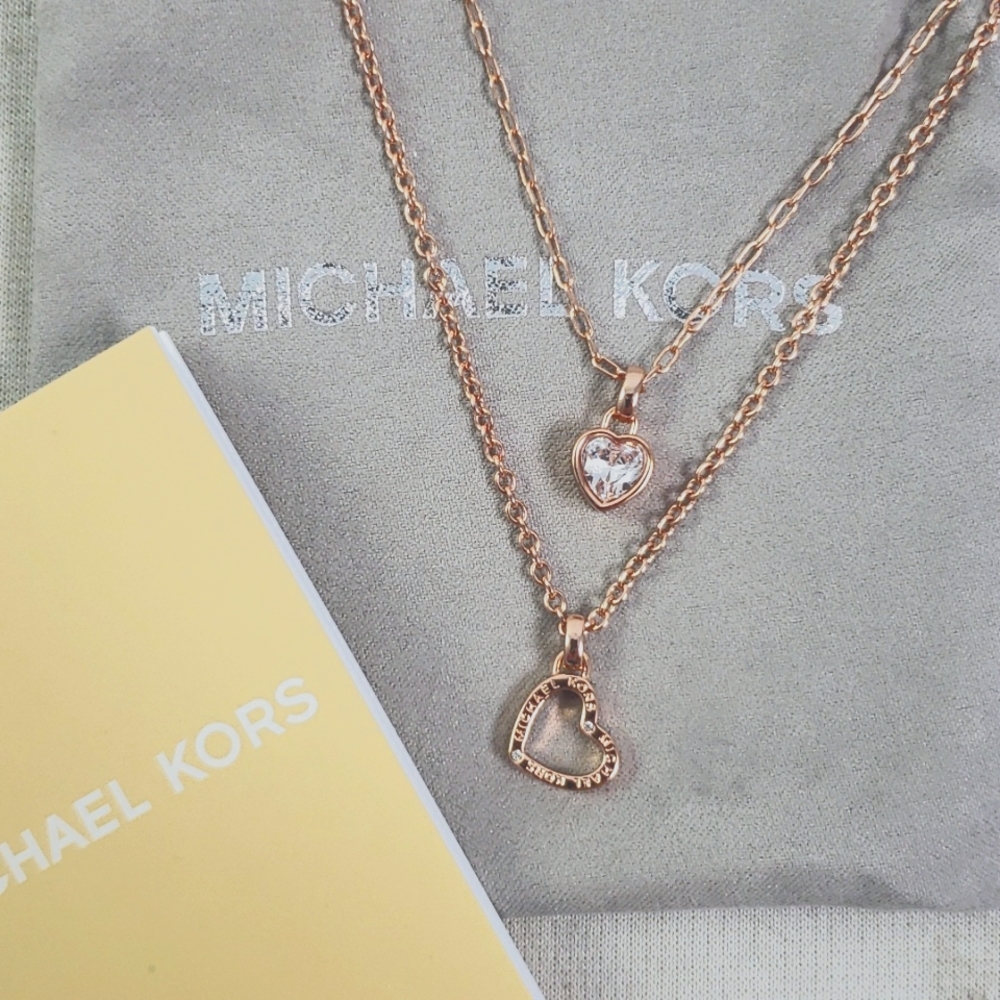 NEW Michael Kors Crystal Rose Gold Tone Double Layered Chain Heart Necklace